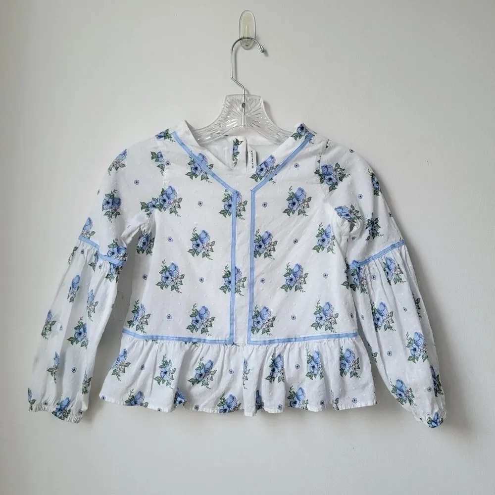 JANIE AND JACK Girls Peplum Top White Navy Floral Puff Sleeves Ruffles Size 7